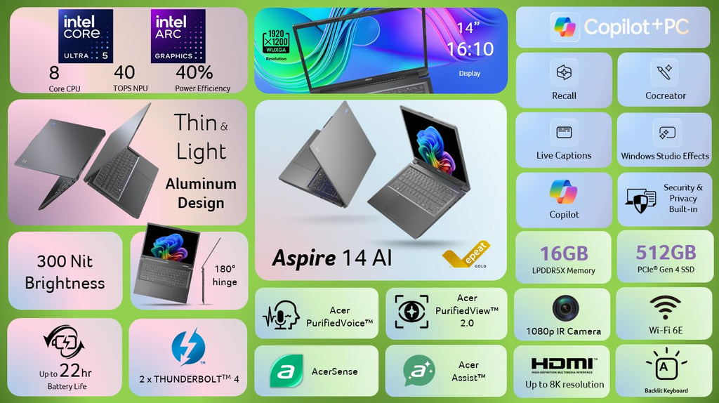 acer Aspire 14 AI Copilot+ PC | 14" WUXGA Display | Intel Core Ultra 7 Processor 256V | NPU: Up to 47 Tops - GPU: Up to 64 Tops | Intel ARC 140V | 16GB LPDDR5X | 1TB SSD | Wi-Fi 6E | A14-52M-72S0