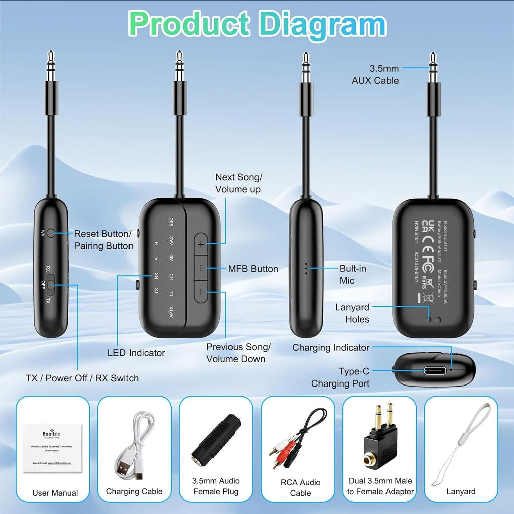 Beeitzie Pro Bluetooth 5.4 Transmitter Receiver